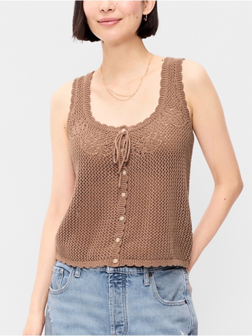Light Brown/Nude Crochet Button-Front Tank Top